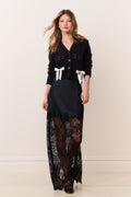 Black satin maxi skirt with lace front overlay and sheer lace bottom