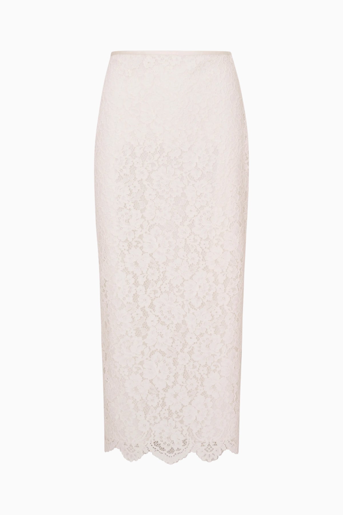 Ivory lace midi pencil skirt with scalloped hem