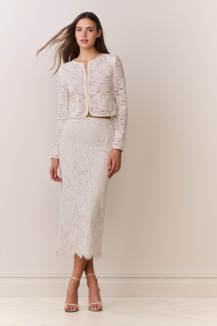 Ivory lace midi pencil skirt with allover lace pattern