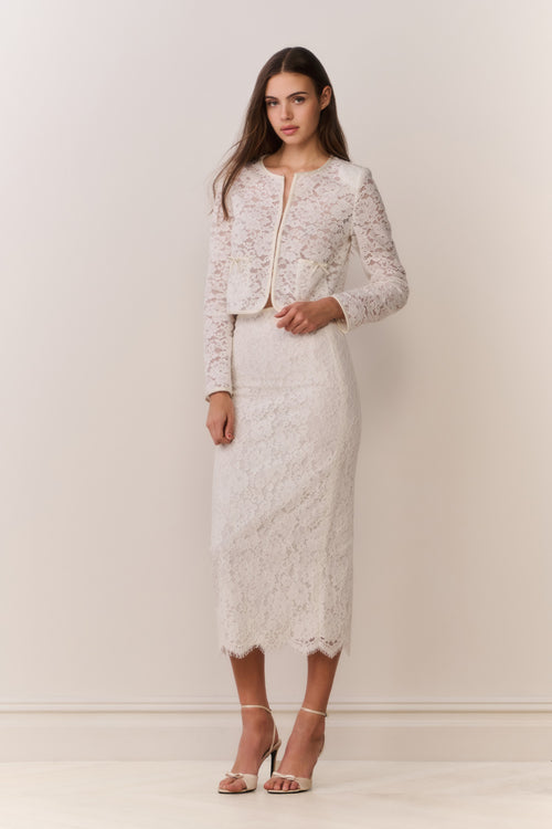 Ivory lace midi pencil skirt with scalloped lace hem