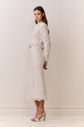 Ivory lace midi pencil skirt with straight fitted silhouette