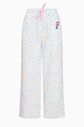 Pink ditsy floral sweatpants with elastic waistband, drawstring ties, wide leg fit