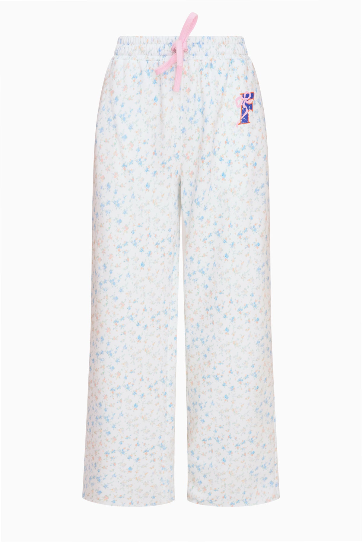 Pink ditsy floral sweatpants with elastic waistband, drawstring ties, wide leg fit