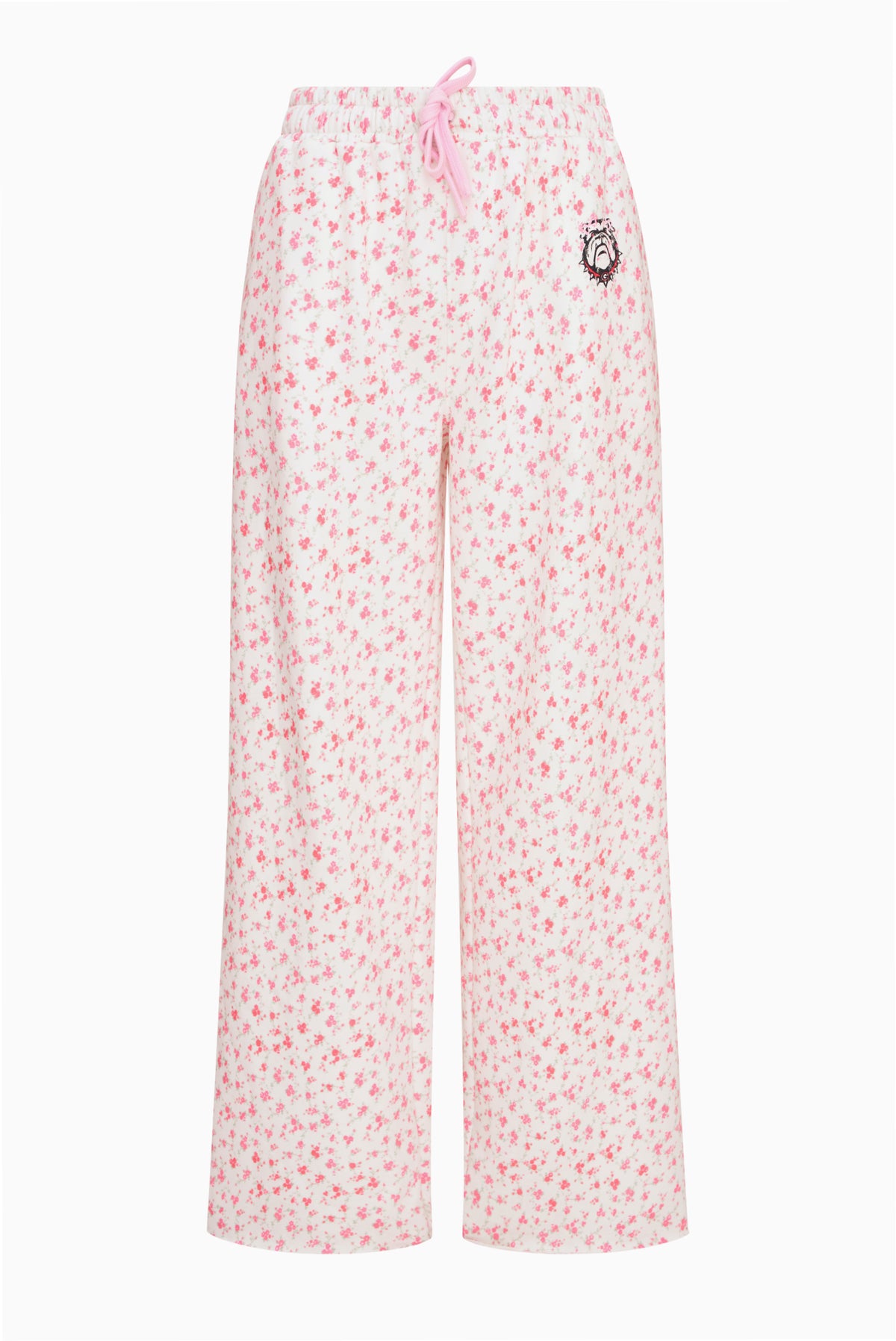 Ilyra sweatpants with pink speckle print, drawstring waist, side button detail, wide legs