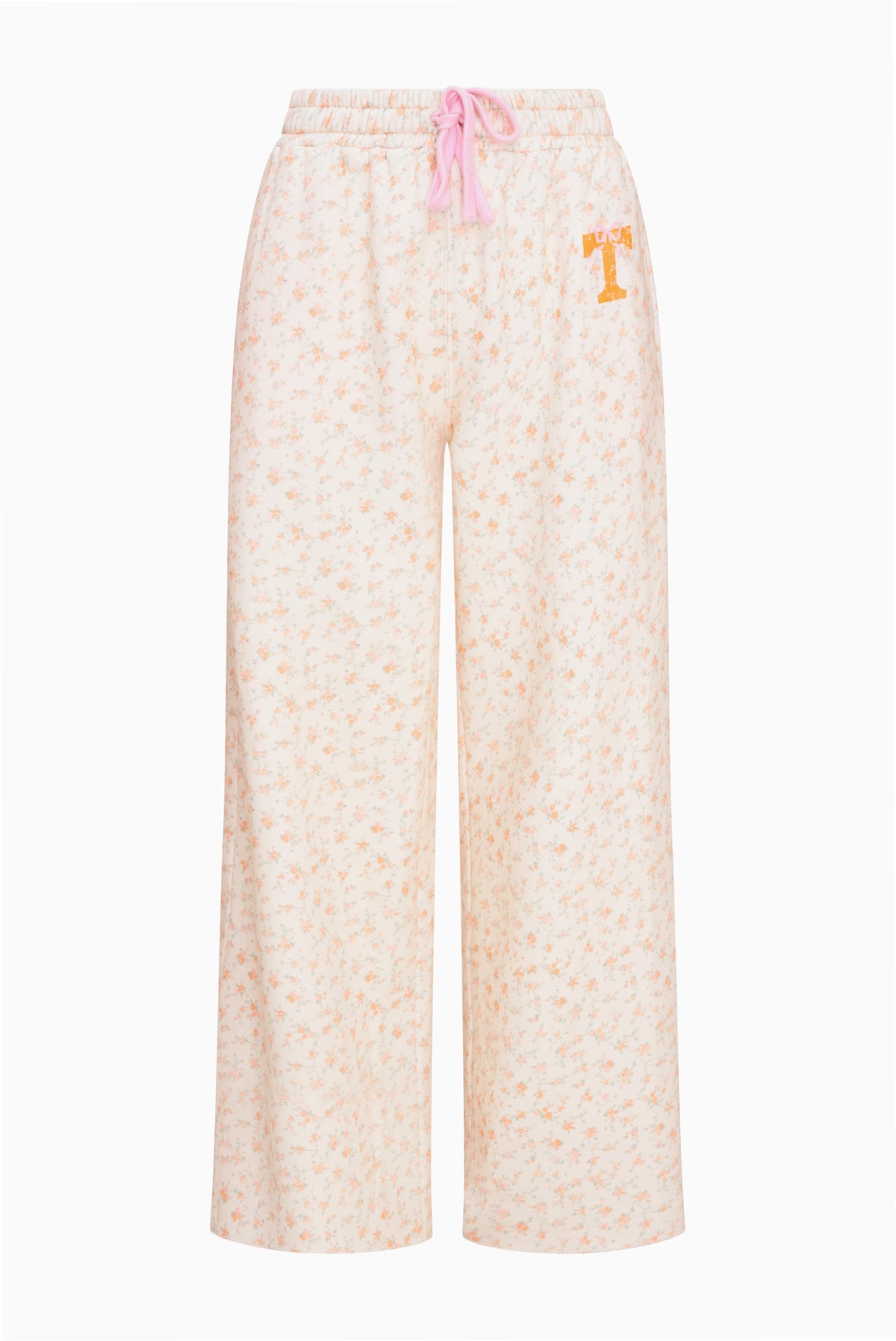 Women’s wide-leg sweatpants with elastic waist, pink drawstring, and pale floral print