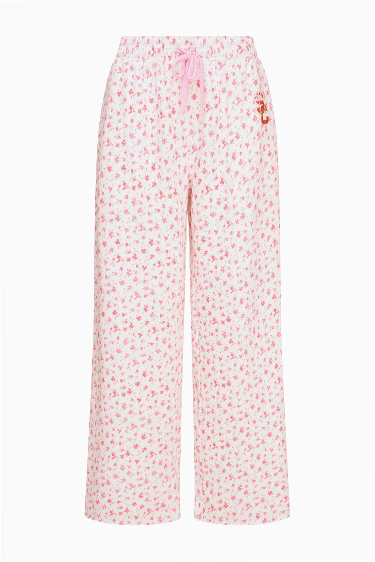 Pink ditsy floral sweatpants with elastic waistband and drawstring, loose wide legs