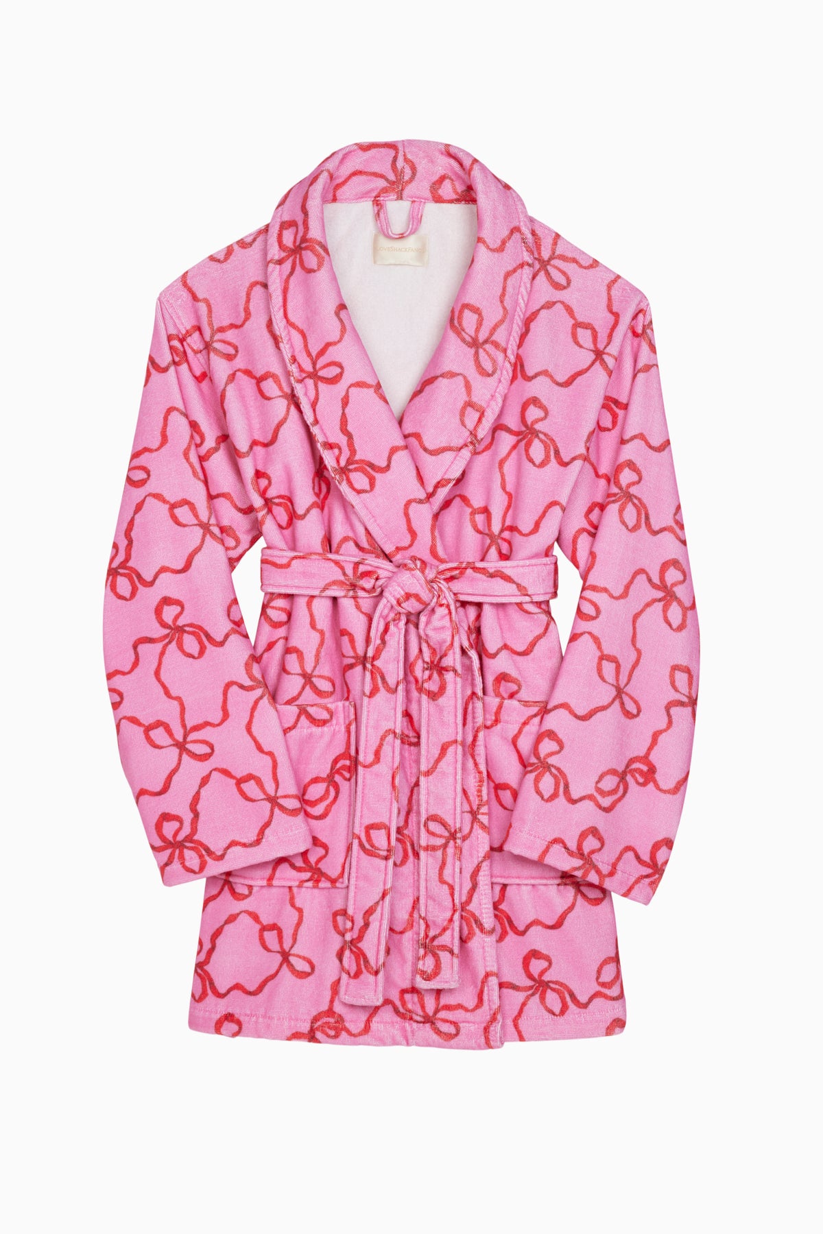 Pink cotton bath robe flat lay, hooded robe with bow print and tie belt