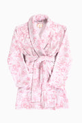 Soft pink floral cotton bath robe with belt tie waist and hooded neckline, long sleeves