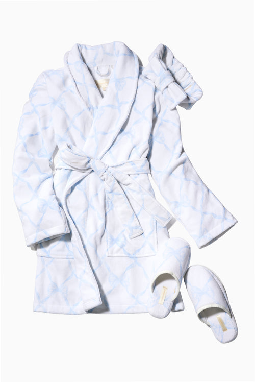 Bow print slippers and robe set, light blue bow pattern, slip-on with socks