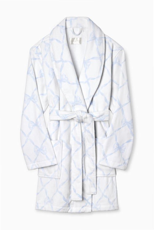 Indie printed robe, light blue printed shawl-collar robe with tied waist belt