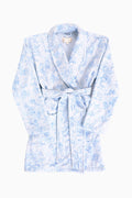 Light blue floral cotton bath robe with belt tie waist and hooded collar, long sleeves