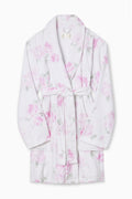 Indie printed robe, white with pink floral print, long sleeves and waist belt