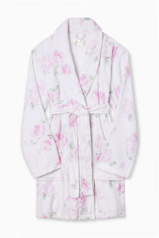 Indie printed robe, white with pink floral print, long sleeves and waist belt