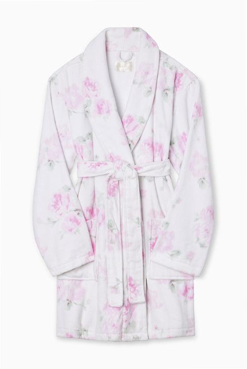 Indie printed robe, white with pink floral print, long sleeves and waist belt
