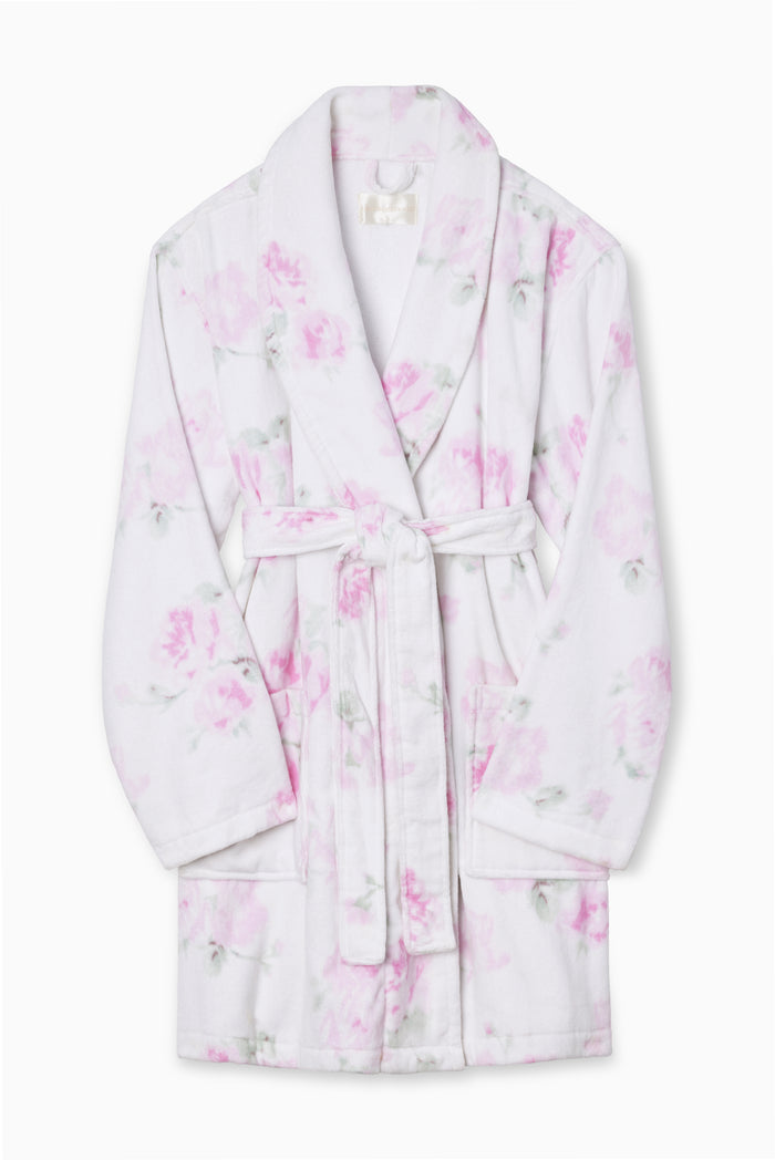 Indie printed robe, white with pink floral print, long sleeves and waist belt