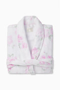 Indie printed robe, white with pink floral tie-dye, shawl collar and belt