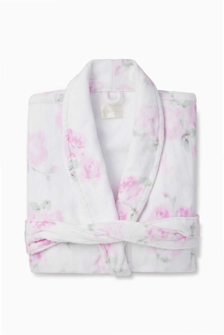 Indie printed robe, white with pink floral tie-dye, shawl collar and belt