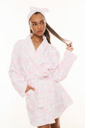 White-pink cotton bath robe with tie belt, V-neck, and bow headband detail