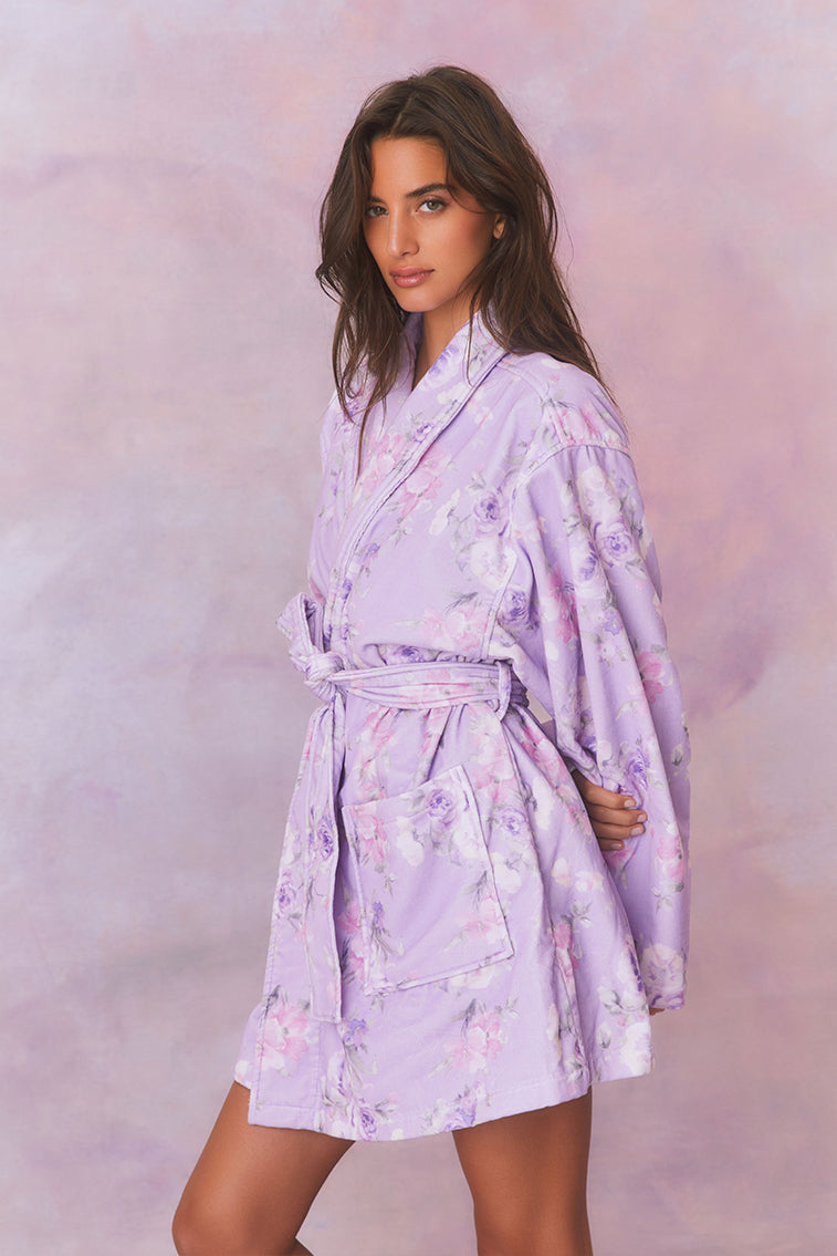 Lavender cotton bath robe with matching tie belt and floral print on sleeves