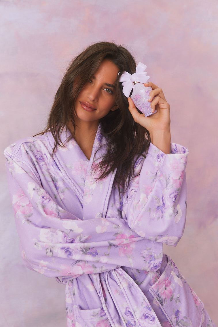 Lavender cotton bath robe with tie belt, floral print, and front tie details