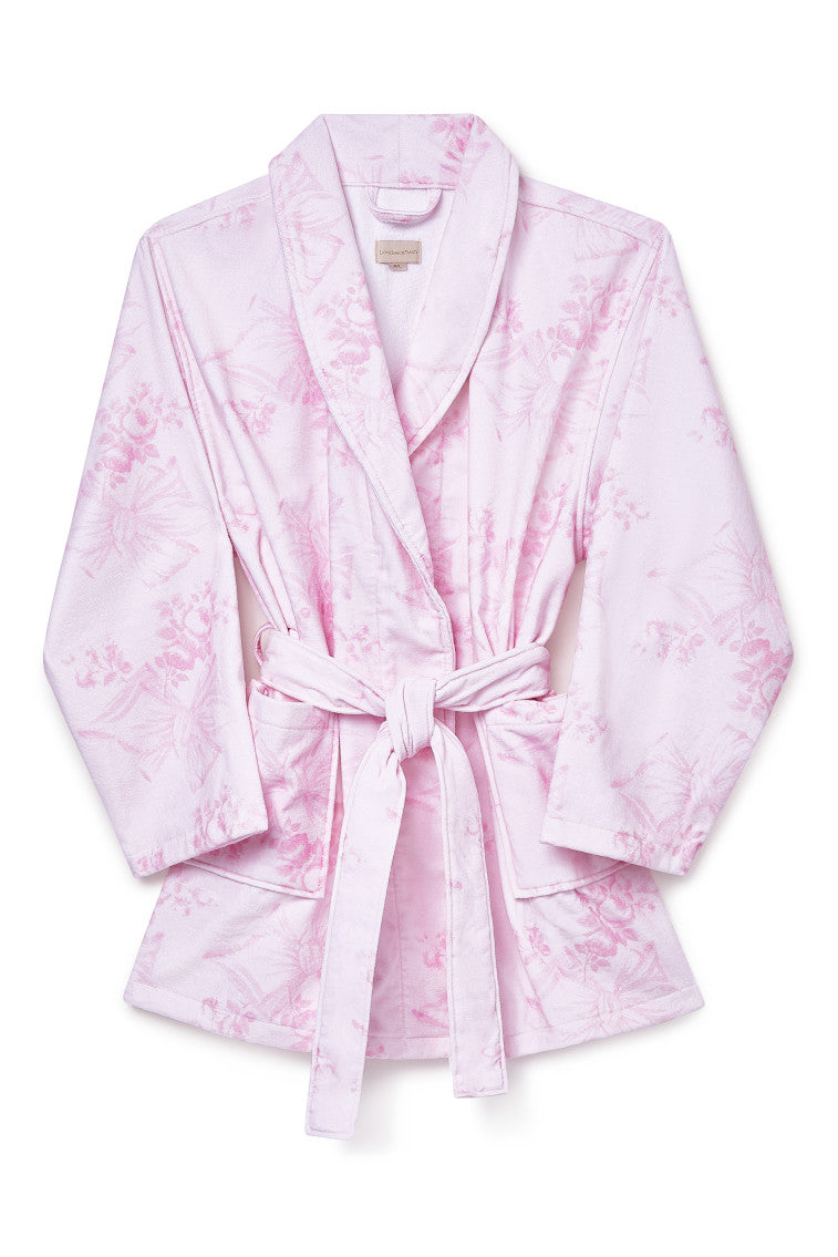 Pink floral cotton bath robe with belt tie waist and hooded neckline, long sleeves