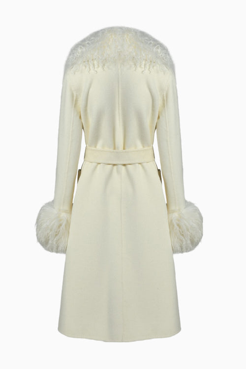 Cream shearling cashmere coat, back view, belted waist and fur trim
