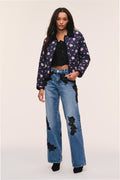 Dark navy floral quilted jacket with pink floral print and zip front