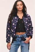 Dark navy floral quilted jacket with zip front and pink flower scattered pattern