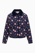 Dark navy floral quilted jacket, full-zip front, pink flower print