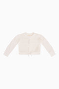Girls' white woven ribbon cardigan with textured knit and tassel-trim hem