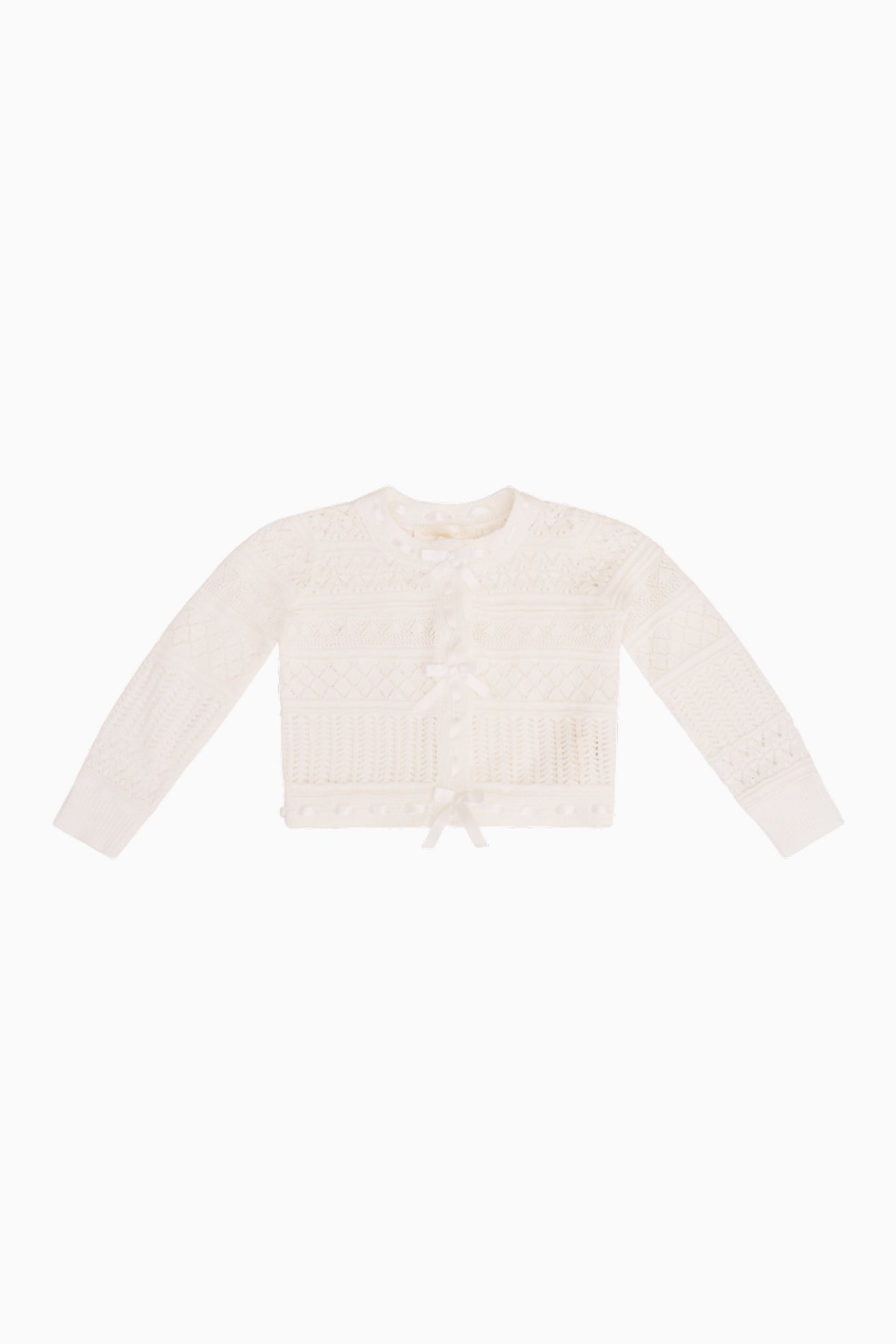 Girls' white woven ribbon cardigan with textured knit and tassel-trim hem