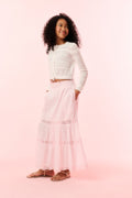 Girls' white woven ribbon cardigan with fringe hem and ribbed cuffs