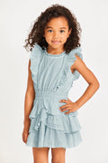 Girls blue tiered ruffle dress with smocked waist and sleeveless ruffled skirt