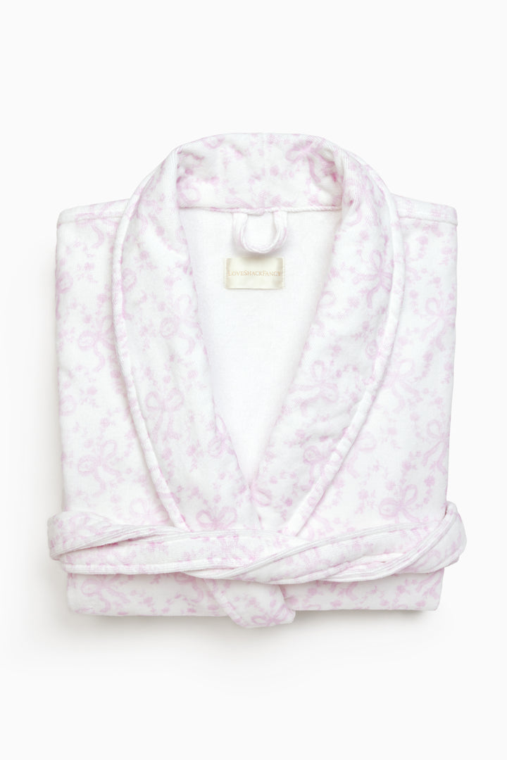 Light pink floral robe with shawl collar, hood, and matching belt tie