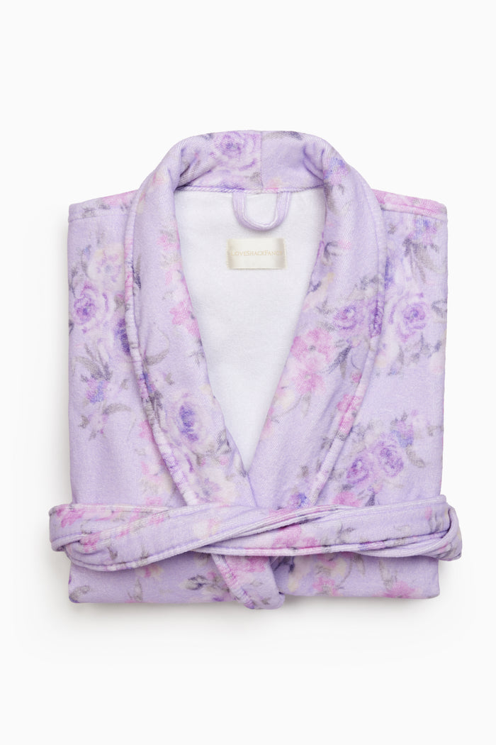 Purple floral robe with shawl collar, hood, and matching belt tie - Customized