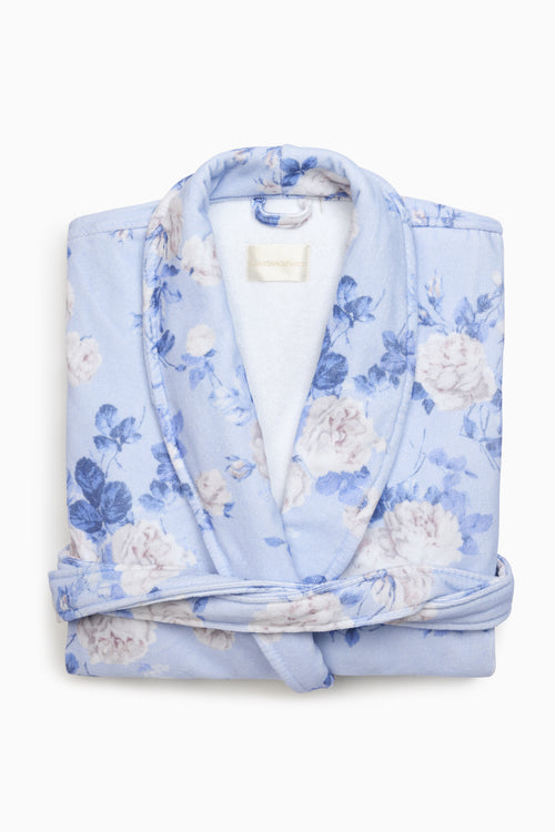 Blue floral robe with shawl collar, hood, and matching belt tie - Customized