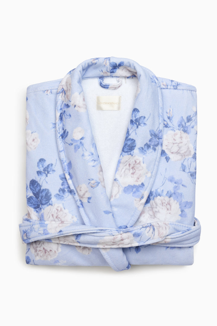 Blue floral robe with shawl collar, hood, and matching belt tie