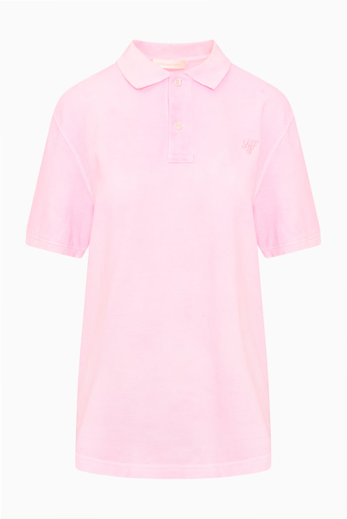 Men's pink polo shirt with short sleeves and button placket
