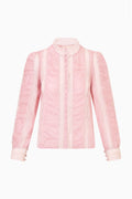 Silk lace blouse in light pink with lace stripes, button front, long sleeves