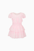 Pink cotton lace-trimmed dress with tiered ruffles and short sleeves