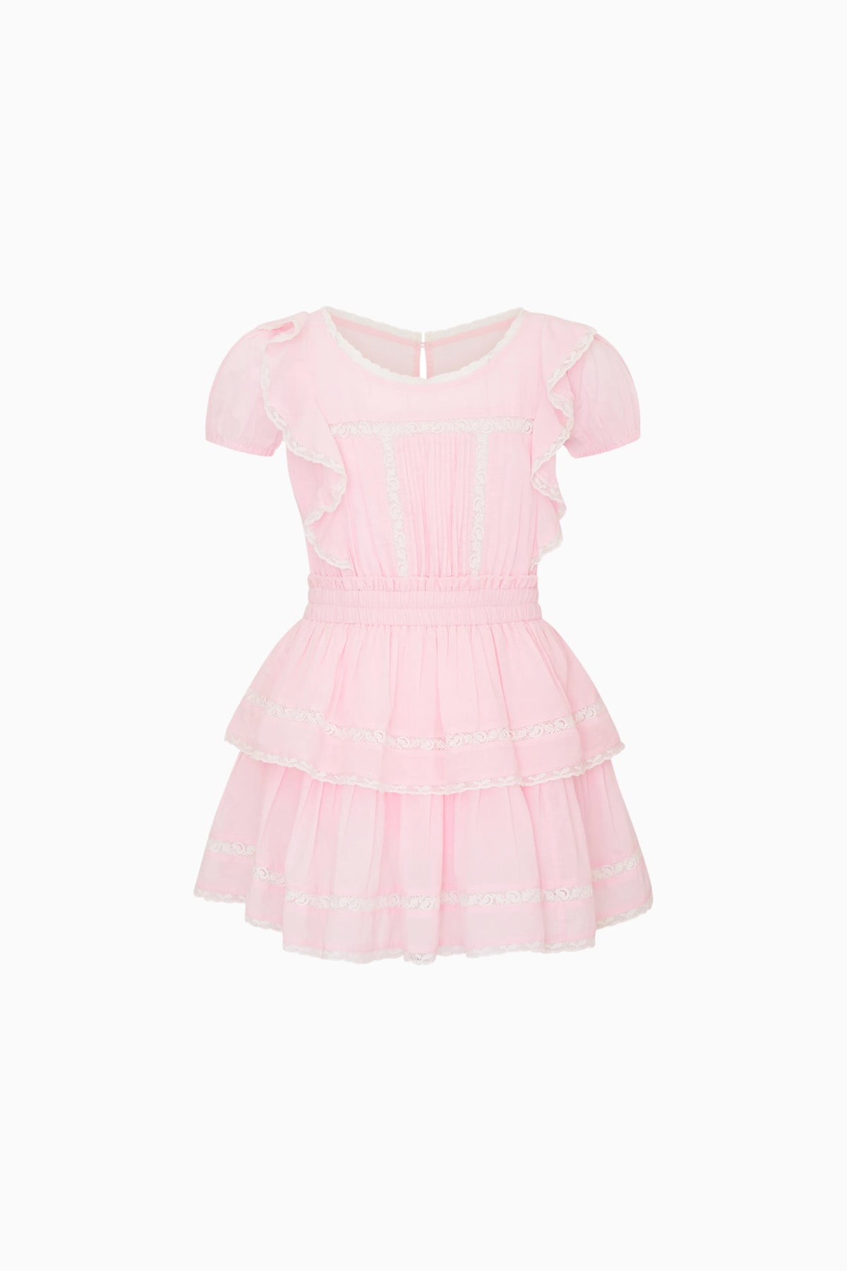 Pink cotton lace-trimmed dress with tiered ruffles and short sleeves