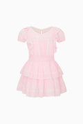 Pink tiered cotton mini dress with puff sleeves and ruffle layers
