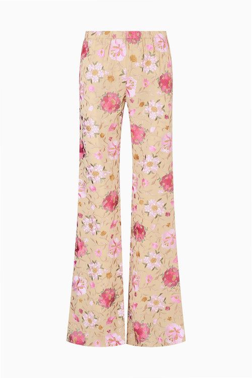 Embroidered wide-leg pants in light honey with pink floral print