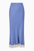Blue silk-blend lace slip skirt, straight midi cut with scalloped lace hem