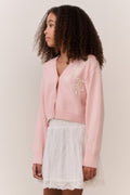 Pink knit cardigan with bow embroidery, button-front V-neck, long sleeves