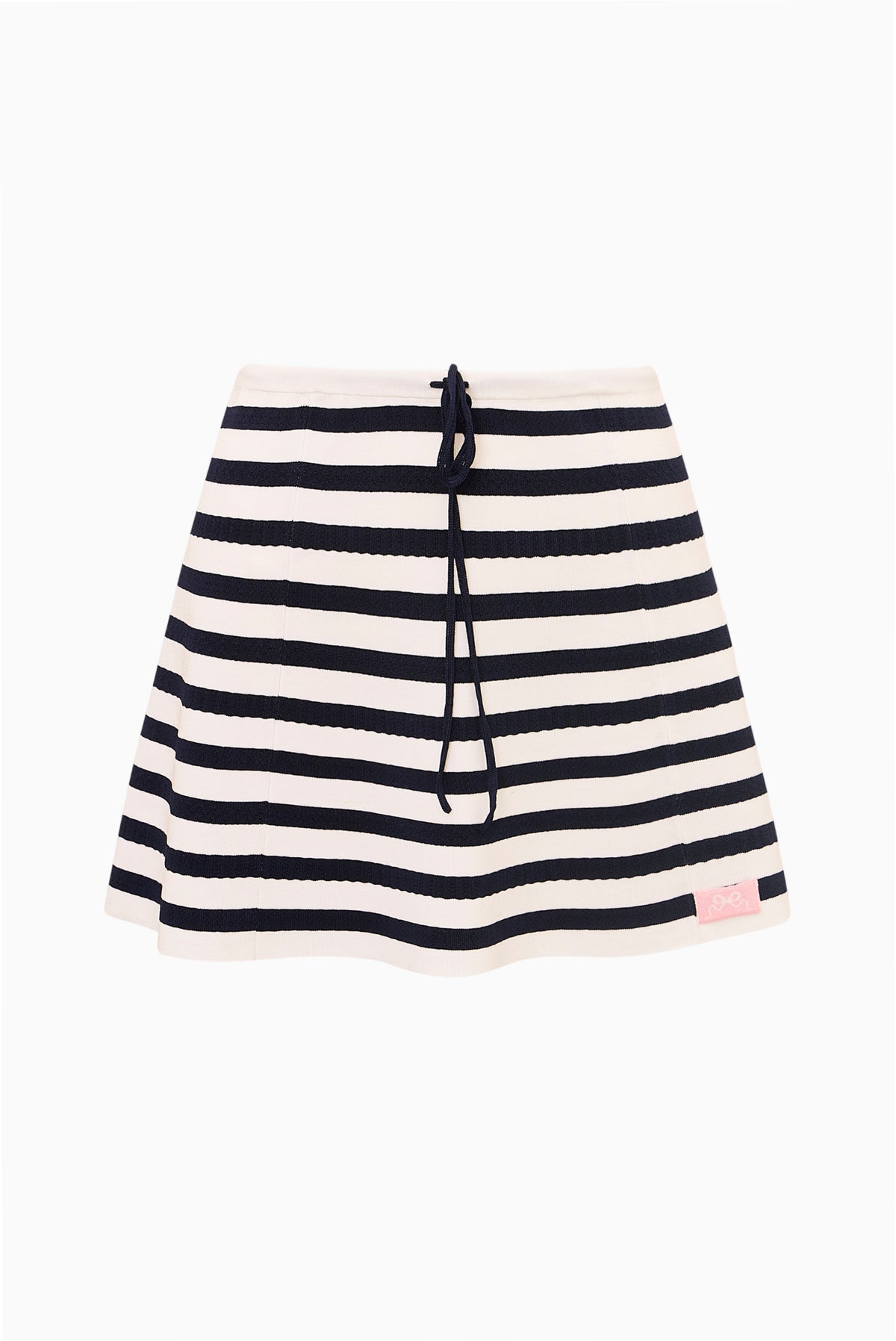 Navy and white striped stretch knit mini skirt with drawstring waist