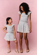 Girls floral cotton skirt with elastic waist and flared hem, light blue