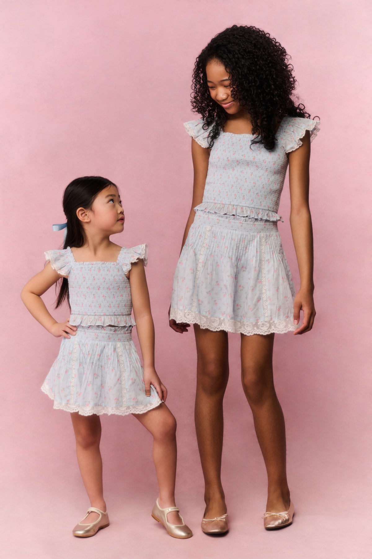 Girls floral cotton skirt with elastic waist and flared hem, light blue