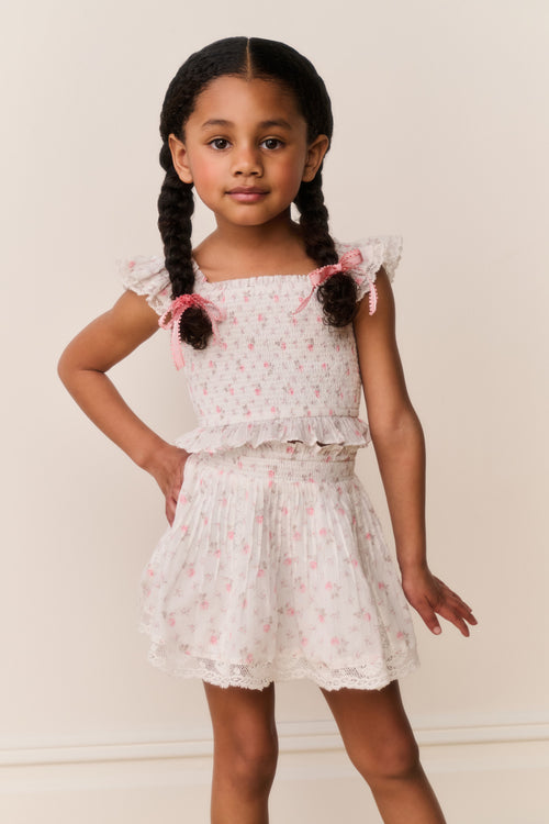 Girls floral cotton top, ivory with pink flower print, ruffled sleeves and elastic waist