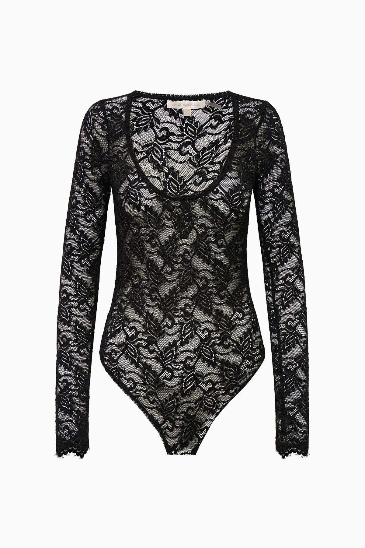 Black sheer lace long-sleeve bodysuit with scoop neckline and intricate floral lace